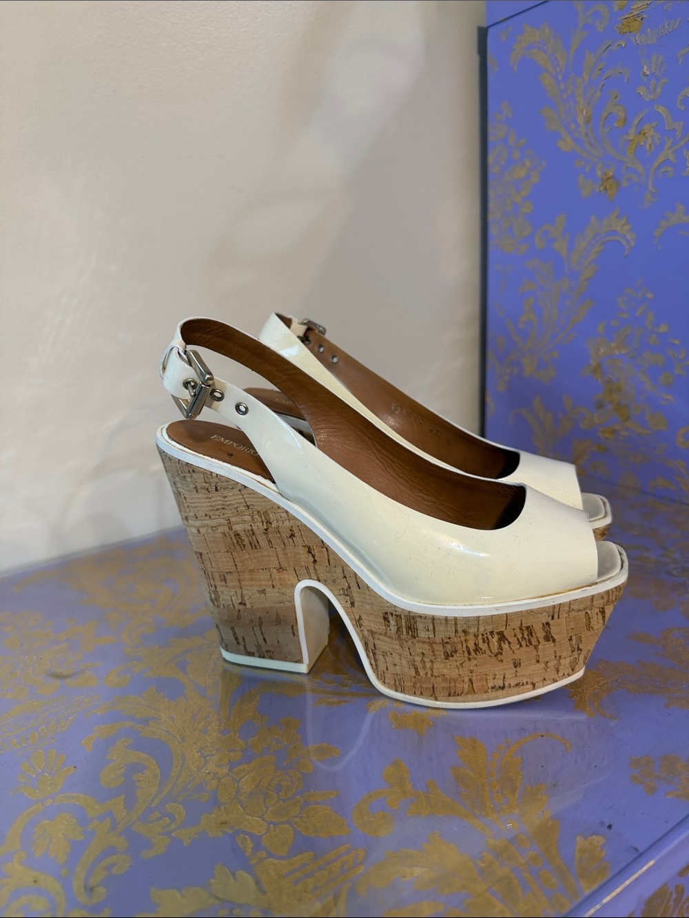 Emporio Armani White Patent Leather Cork Platform Slingback Wedges